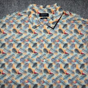 Bugatchi XXL Button Up Short Sleeve 8 Way Stretch Flamingo AOP Palm Hawaiian 2XL